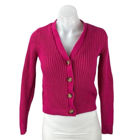 LOFT Women's Pink Chucky Knit Button V-neck Long Sleeve Crop Cardigan Sweater XS - Picture 1 of 5